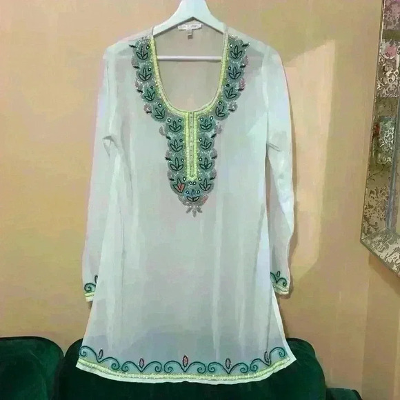 Flint Moss Beach size Small Beaded Swim Coverup White Sheer - Picture 4 of 17